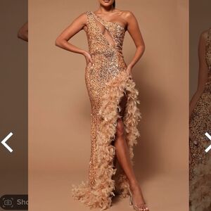 Fashion Nova esme sequin feather maxi dress. Color is nude with gold sequin